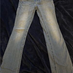 Miss Me Blue Boot Cut Jeans with Distressed Detailing Fleur De Lis Pocket